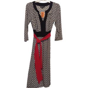AB Studios Black & White Long Sleeve Dress with Red Sash Belt. M